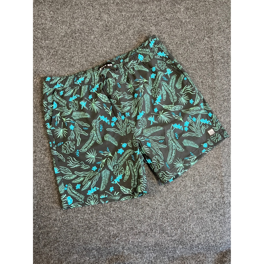 Reef Mens Board Shorts Tropical Floral Swim Trunks Black Teal Green‎ Size M